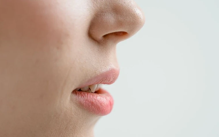 Close-up profile of clear facial skin along the nose and lips