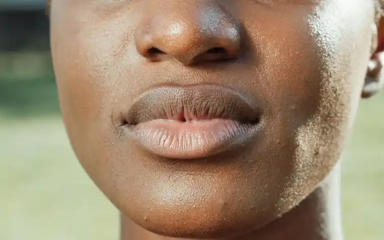 A close-up of facial skin texture on a cheek and lips