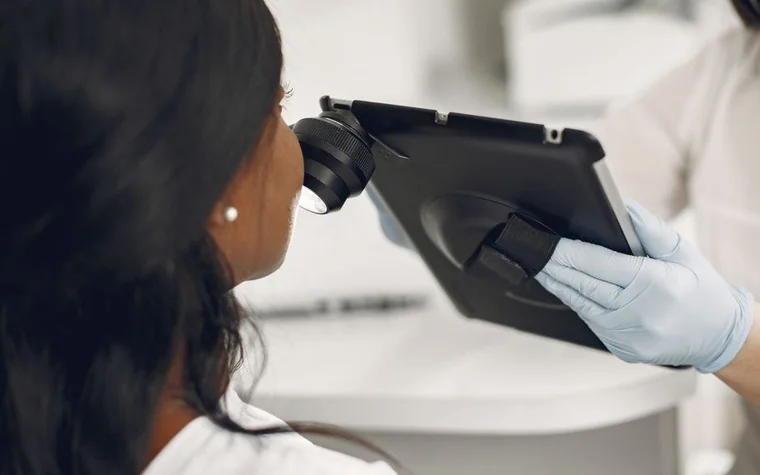 A dermatologist examining a patient's skin with a handheld device