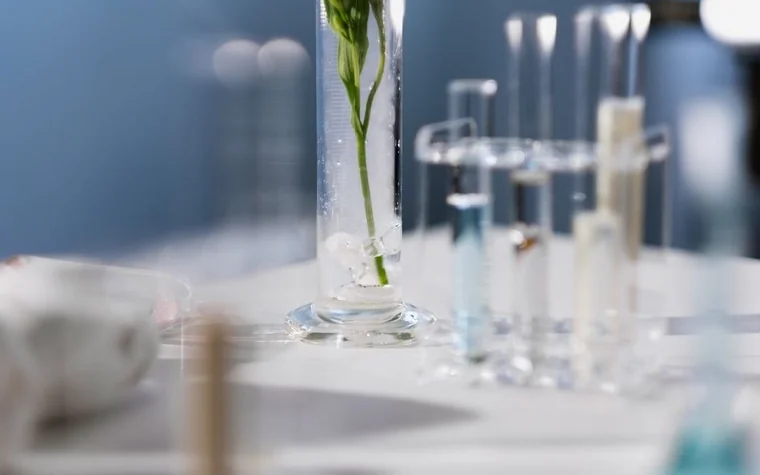 Close-up of laboratory test tubes with a plant stem