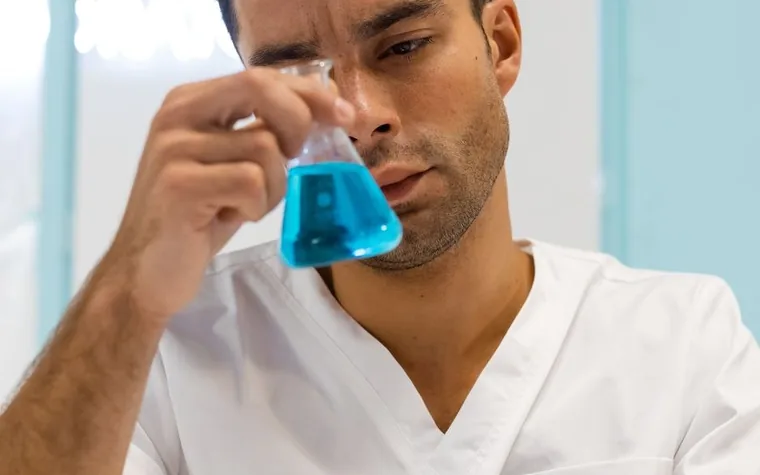 Lab technician in gloves mixing a skincare cream formulation