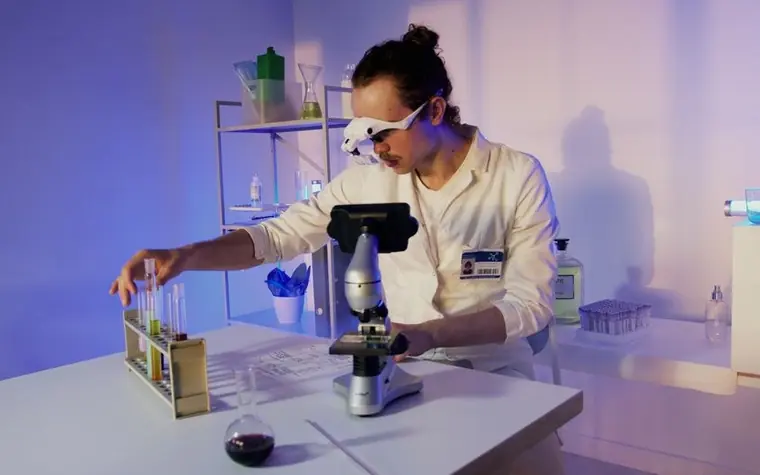 A researcher in a lab coat using a microscope at a modern laboratory workstation