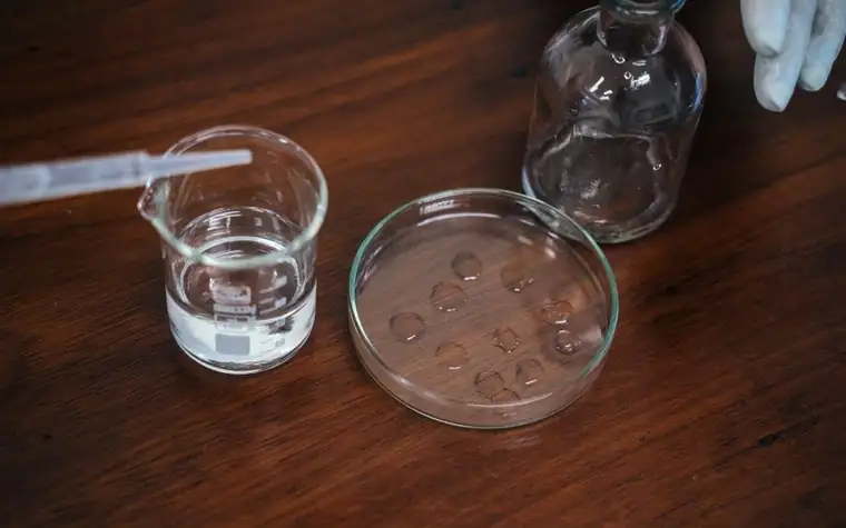 Glass beaker with a pipette and a petri dish on a dark wooden lab table