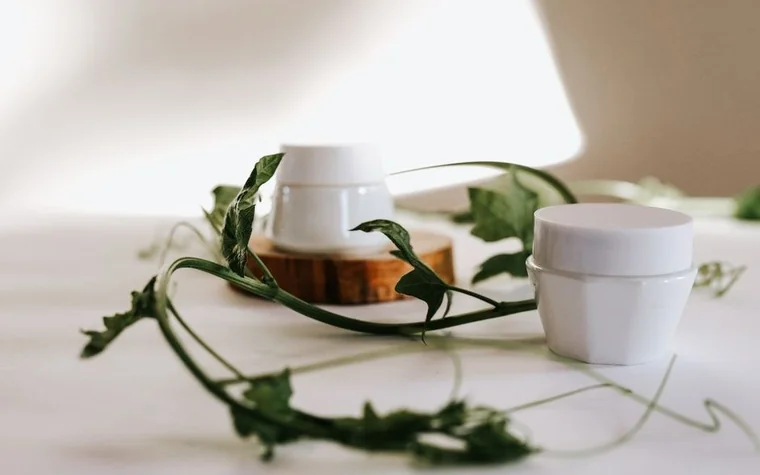 Two white cream jars on a wood slice with a trailing green vine