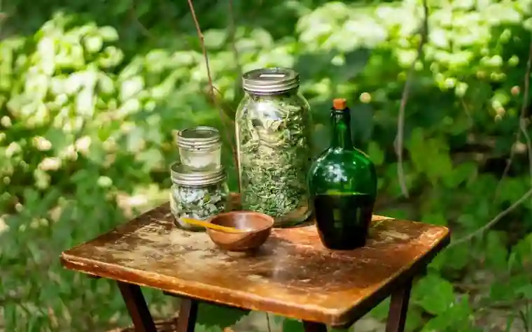 Glass jars of dried herbs and a green glass bottle on a wooden table outdoors