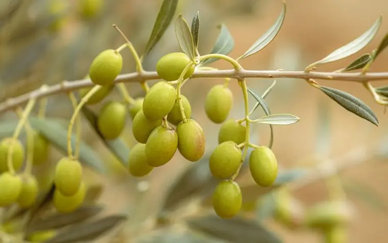 Green olives ripening on the branch of an olive tree