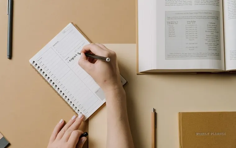 Flat lay of a monthly planner, camera, and laptop on a desk