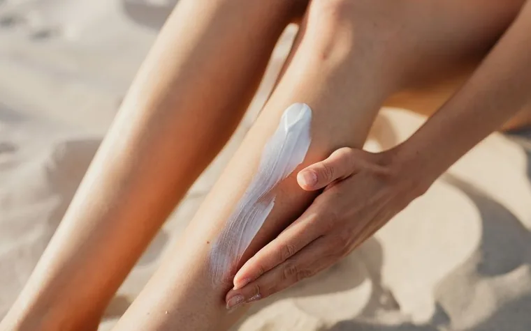 Close-up of a person applying white sunscreen lotion to bare skin with fingertips