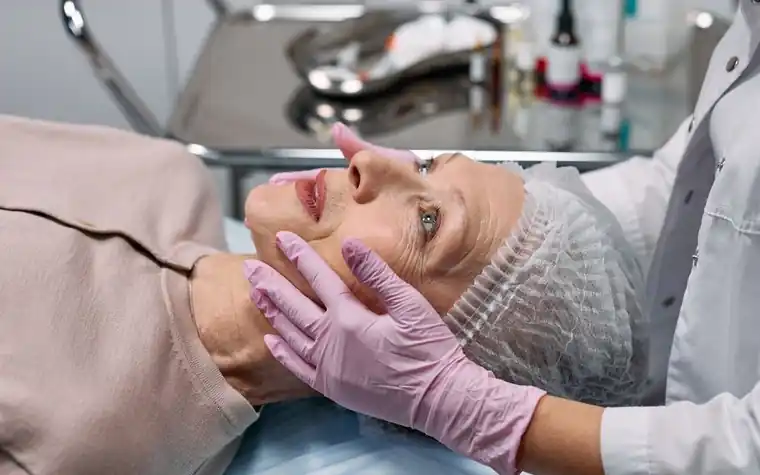 A clinician examining a senior woman during a skin consultation