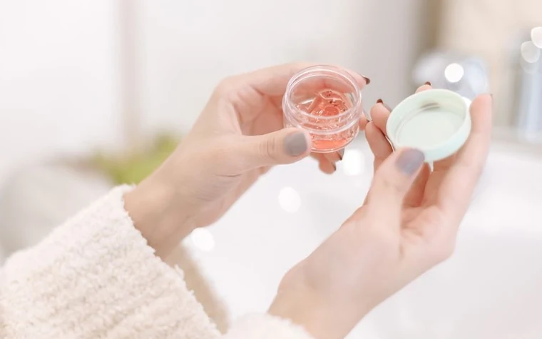 Two hands holding a small open jar of pink balm and a lid filled with pale green moisturizer