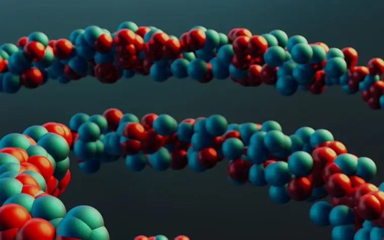 An abstract close-up of a colorful molecular chain structure